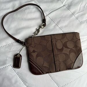 Coach Dark Brown Signature Monogram Mini Wristlet